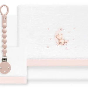 INTERBABY Sábana Coralina+Chupetero Oso Luna blanco/rosa - Cuna