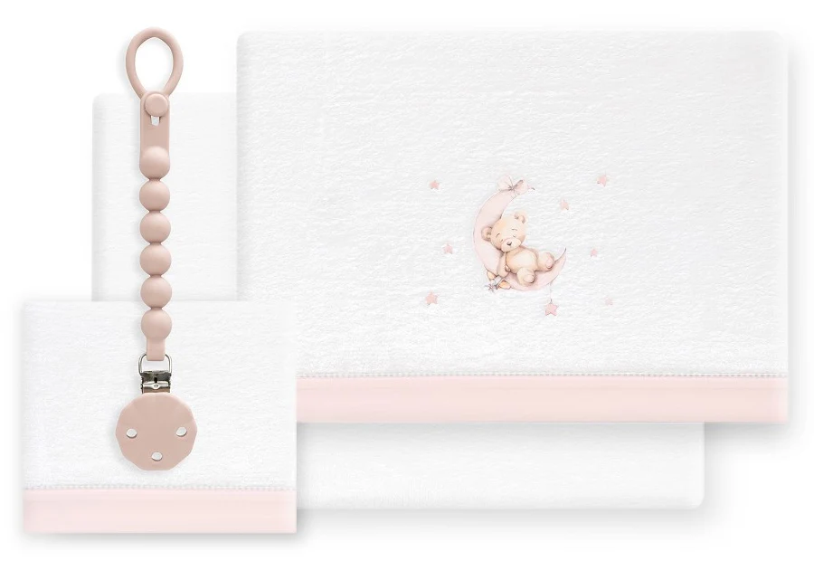 INTERBABY Sábana Coralina+Chupetero Oso Luna blanco/rosa - Cuna - Imagen 2
